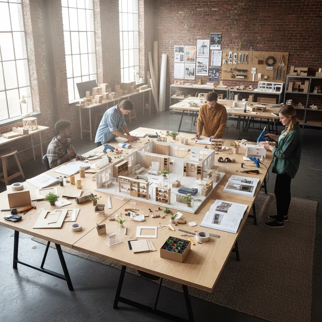 Estudiantes creando una maqueta de diseño interior para un proyecto académico