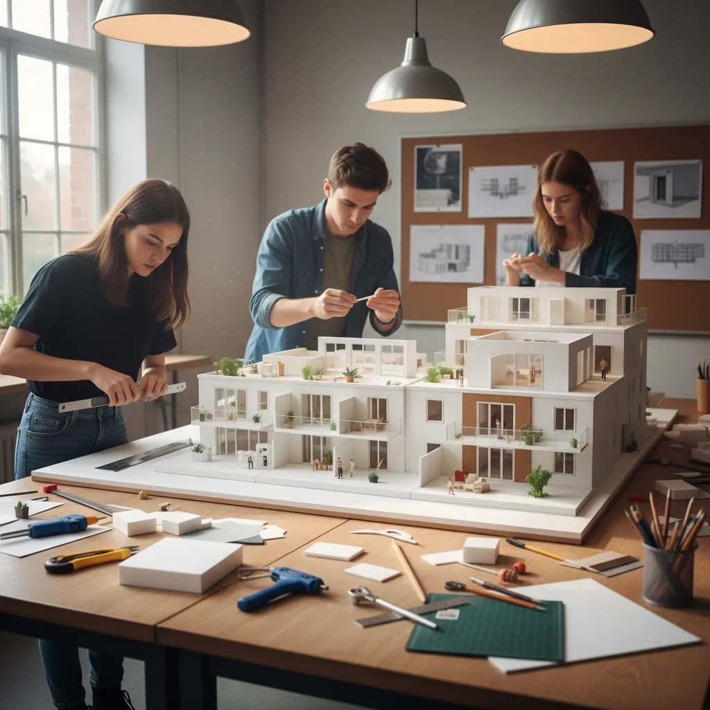 Estudiantes construyendo una maqueta de diseño interior
