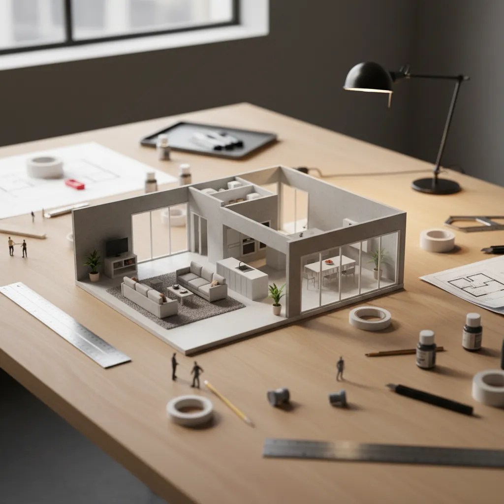 Maqueta arquitectónica de un apartamento sobre una mesa de diseño