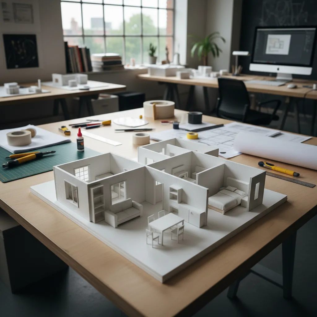 Maqueta arquitectónica de un interior sobre una mesa de estudio