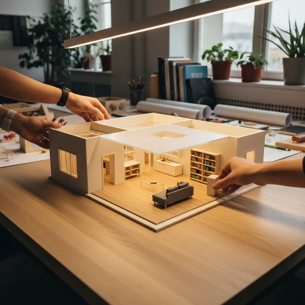 Hands placing a small grey sofa inside a physical house model with a wooden floor