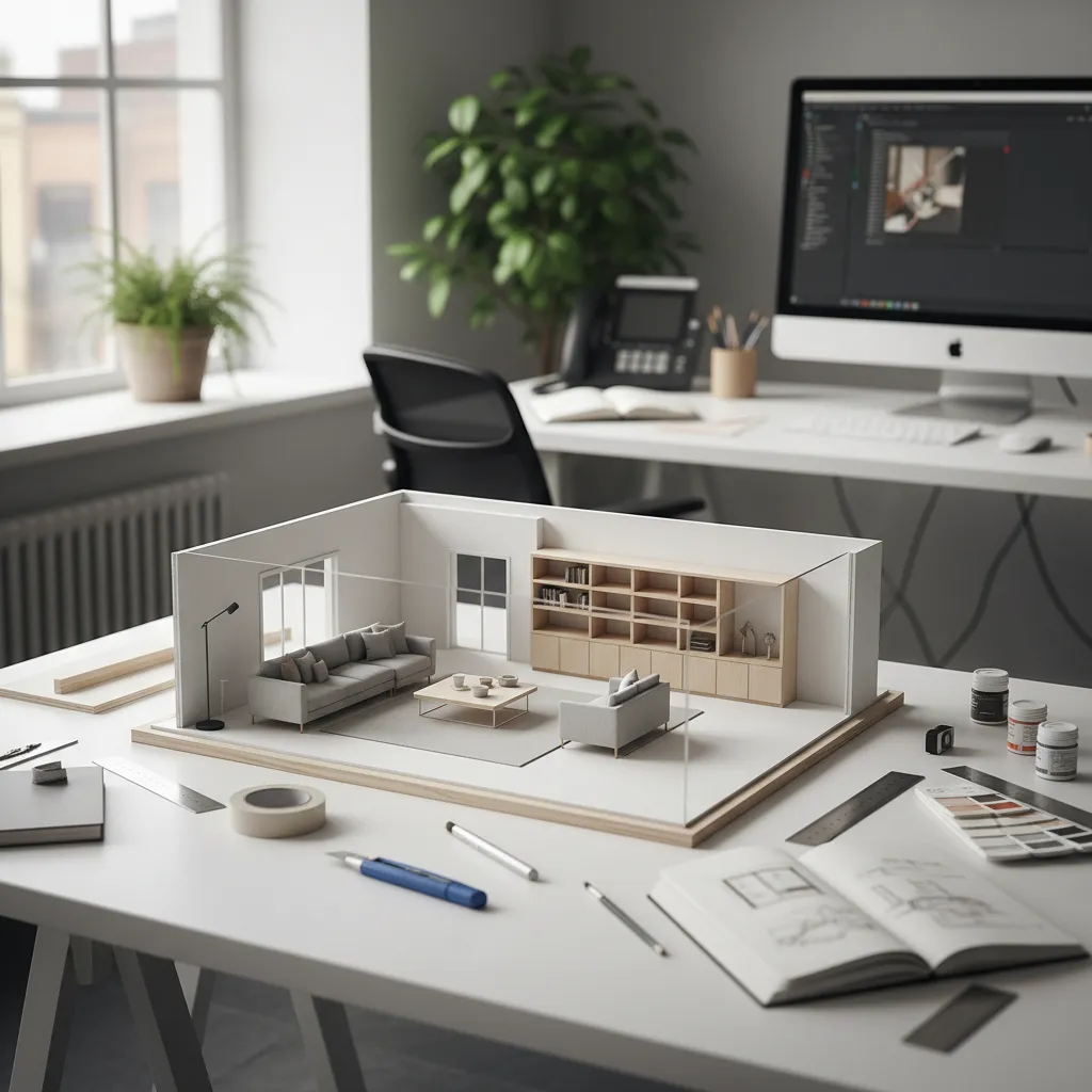 Maqueta de un espacio interior sobre una mesa de diseño