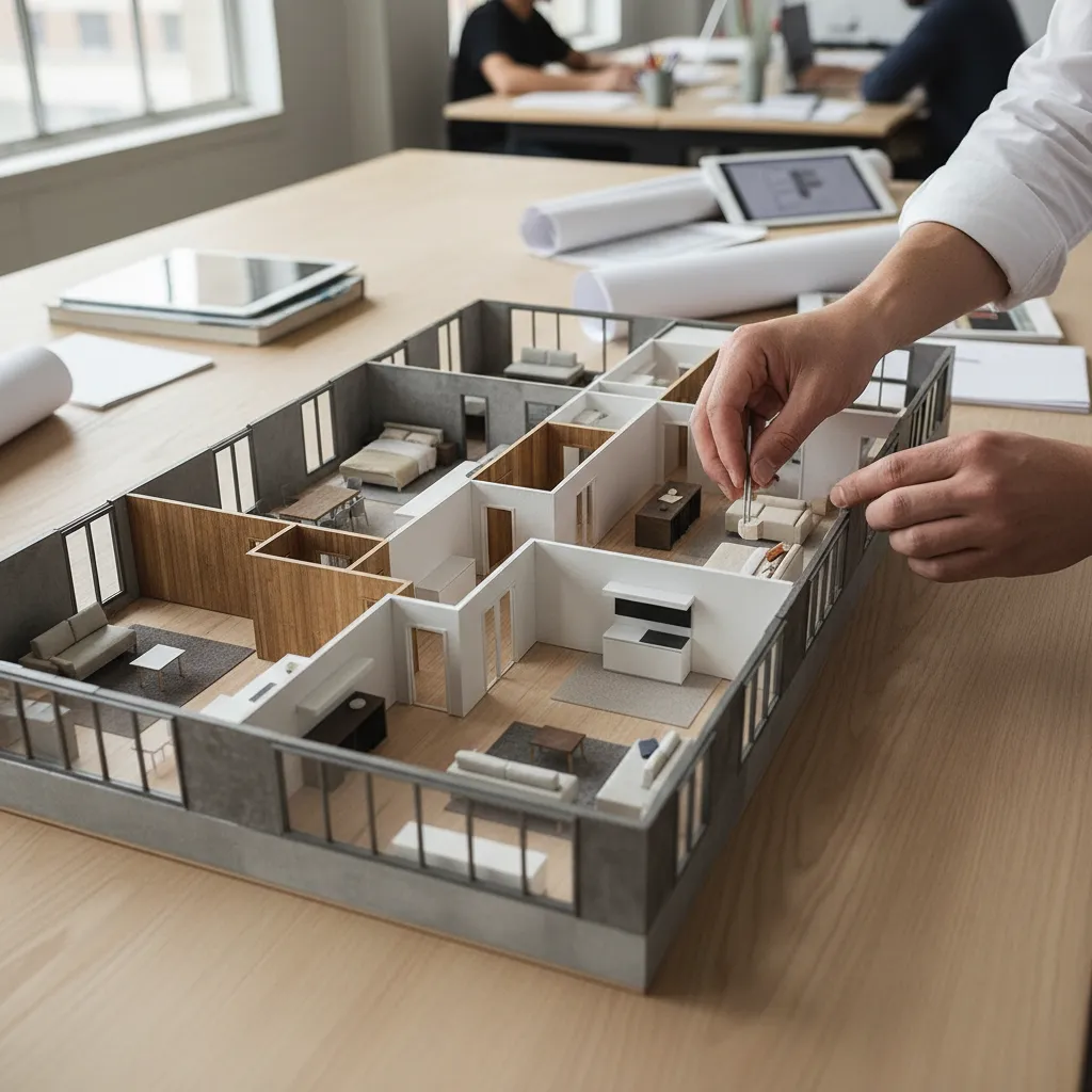 Maqueta arquitectónica de un apartamento sobre mesa de trabajo