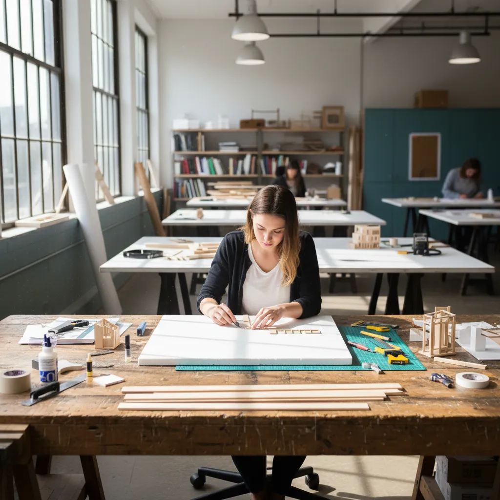 Estudiante construyendo una maqueta arquitectónica para un proyecto de interiorismo