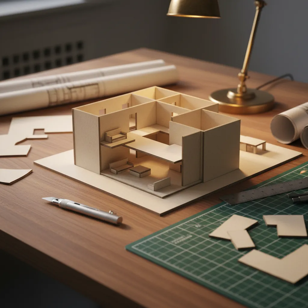 Cardboard room model on wooden desk with craft knife ruler and rolled up floor plan