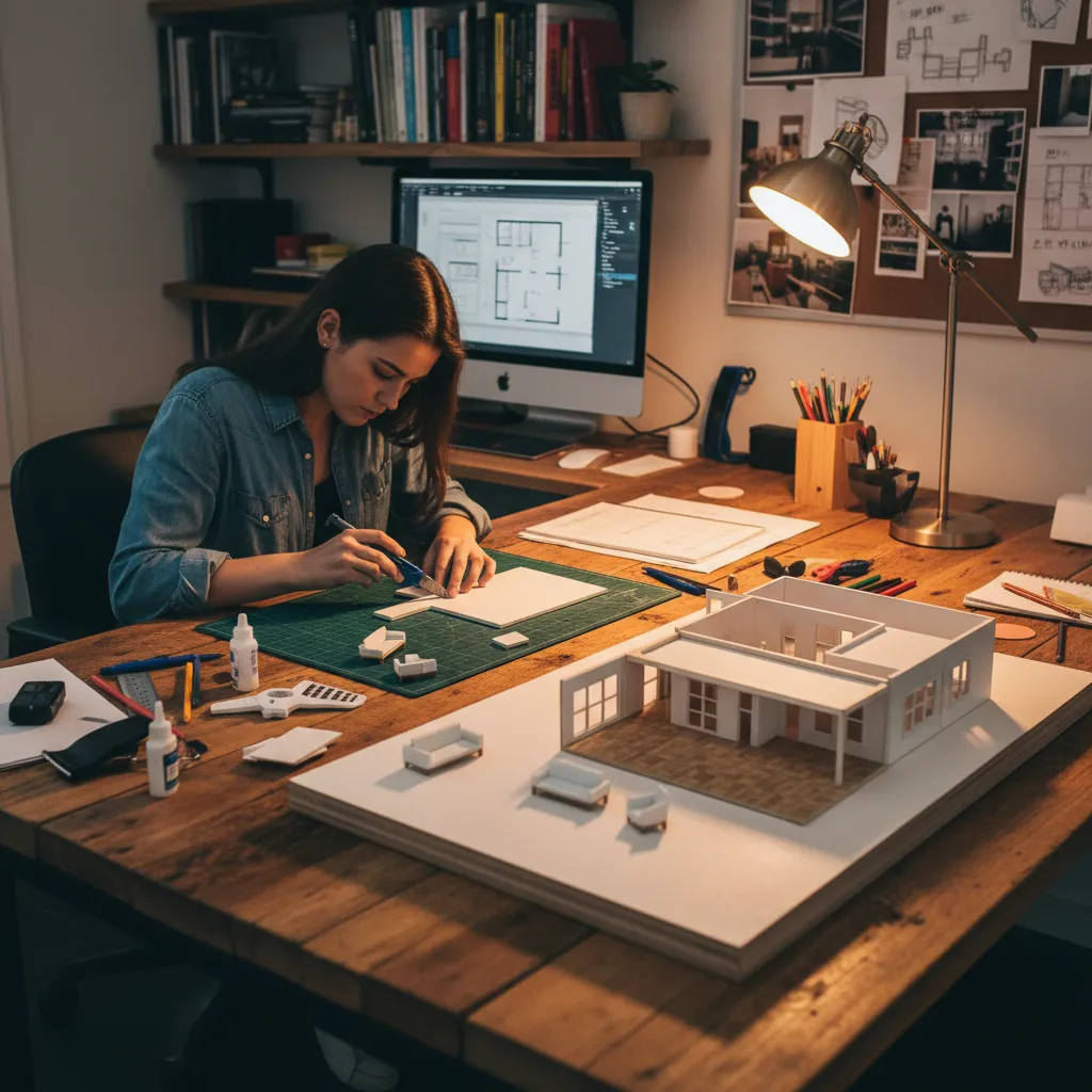 estudiante construyendo una maqueta de interiorismo para un proyecto