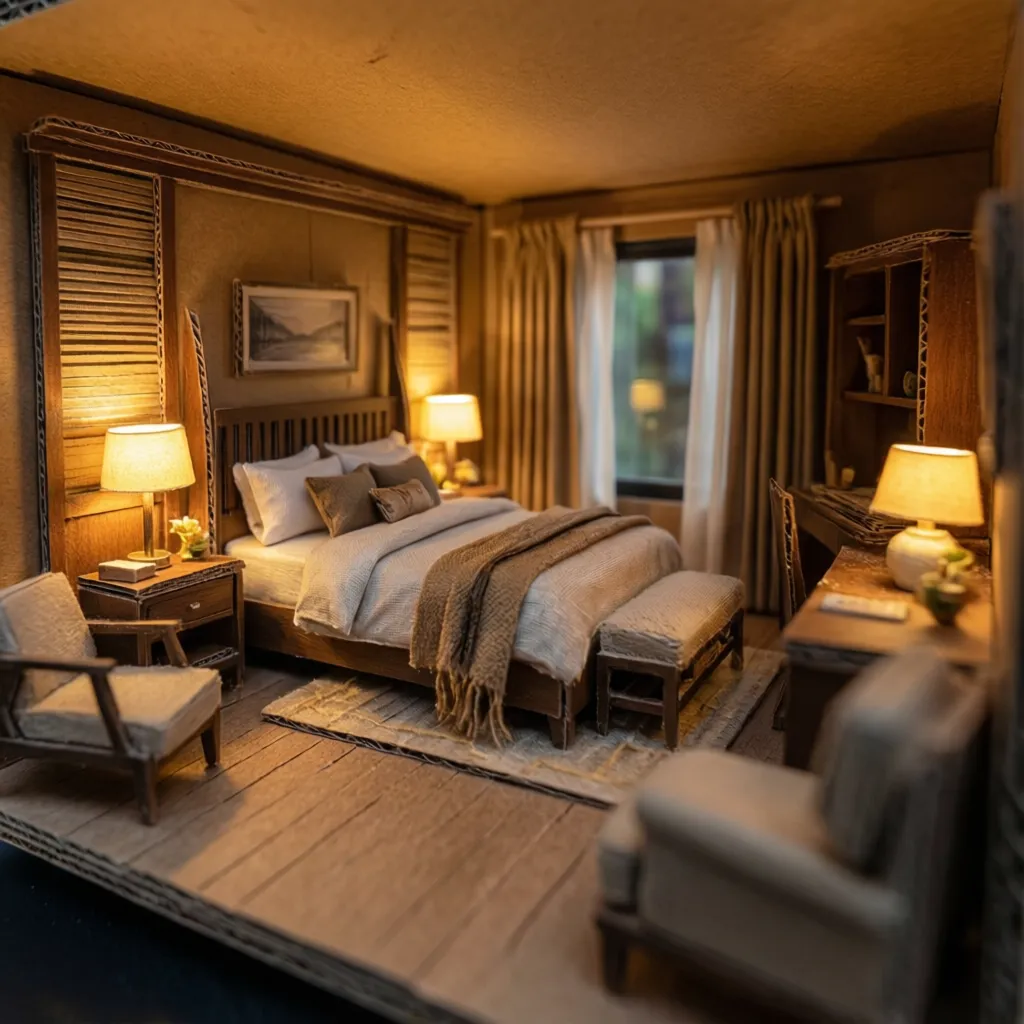 Cozy bedroom model with wooden bed soft pillows table lamps armchair and light brown curtains