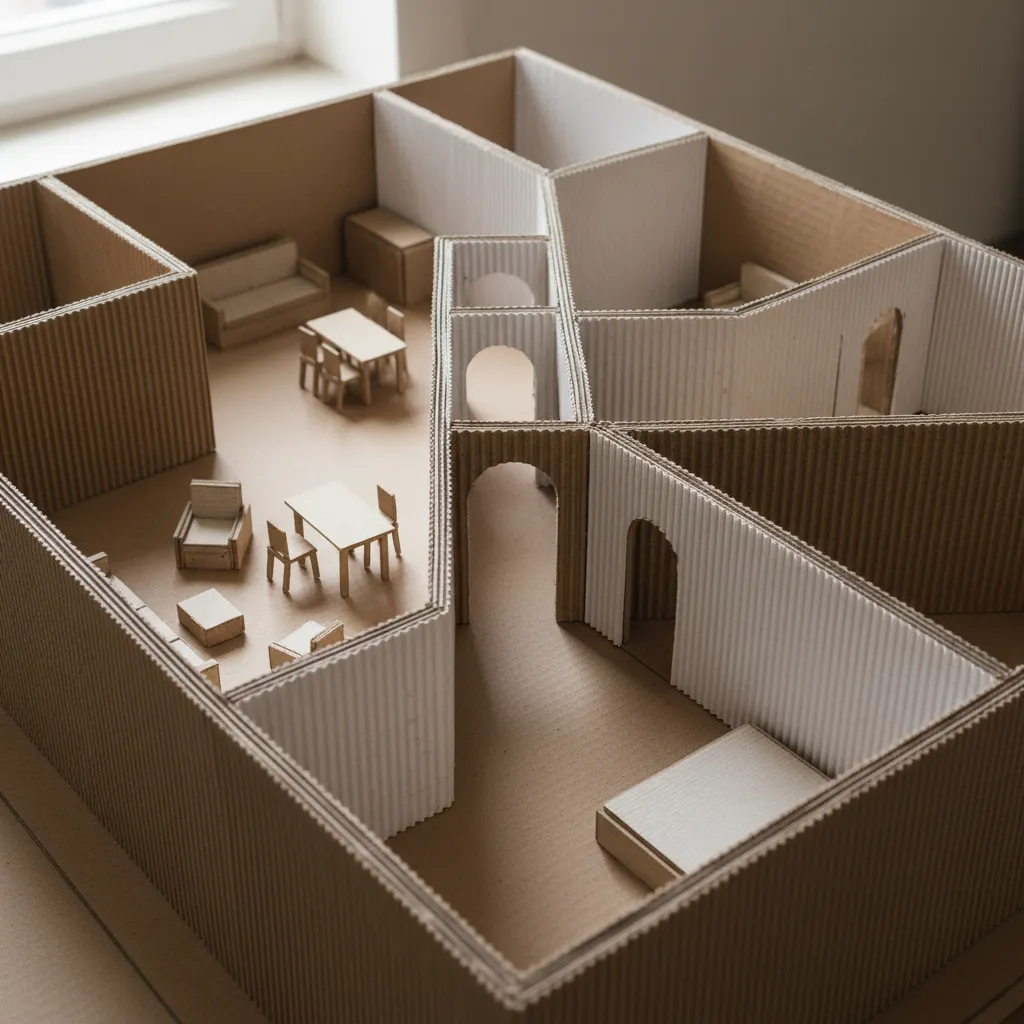 Vista en perspectiva de una maqueta de interiores mostrando habitaciones