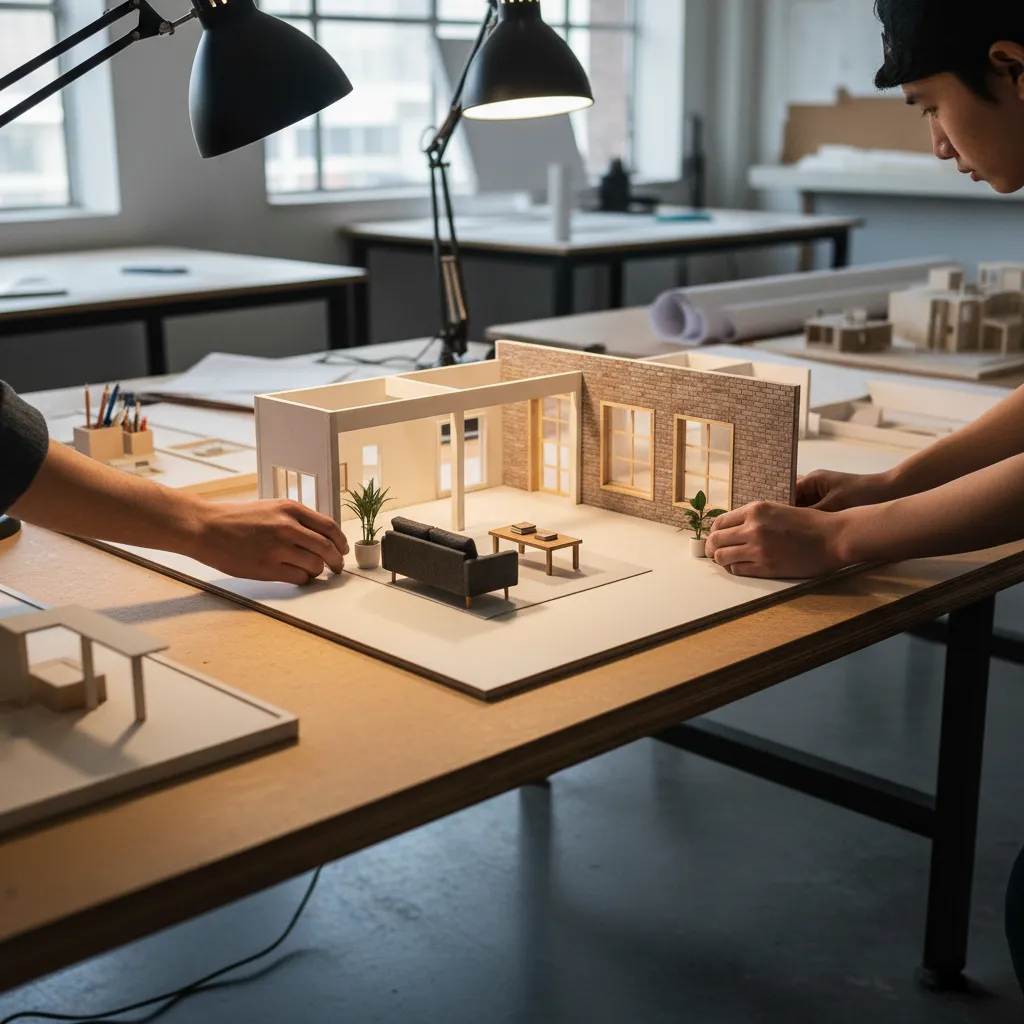 Maqueta física de un proyecto de diseño interior sobre una mesa de trabajo