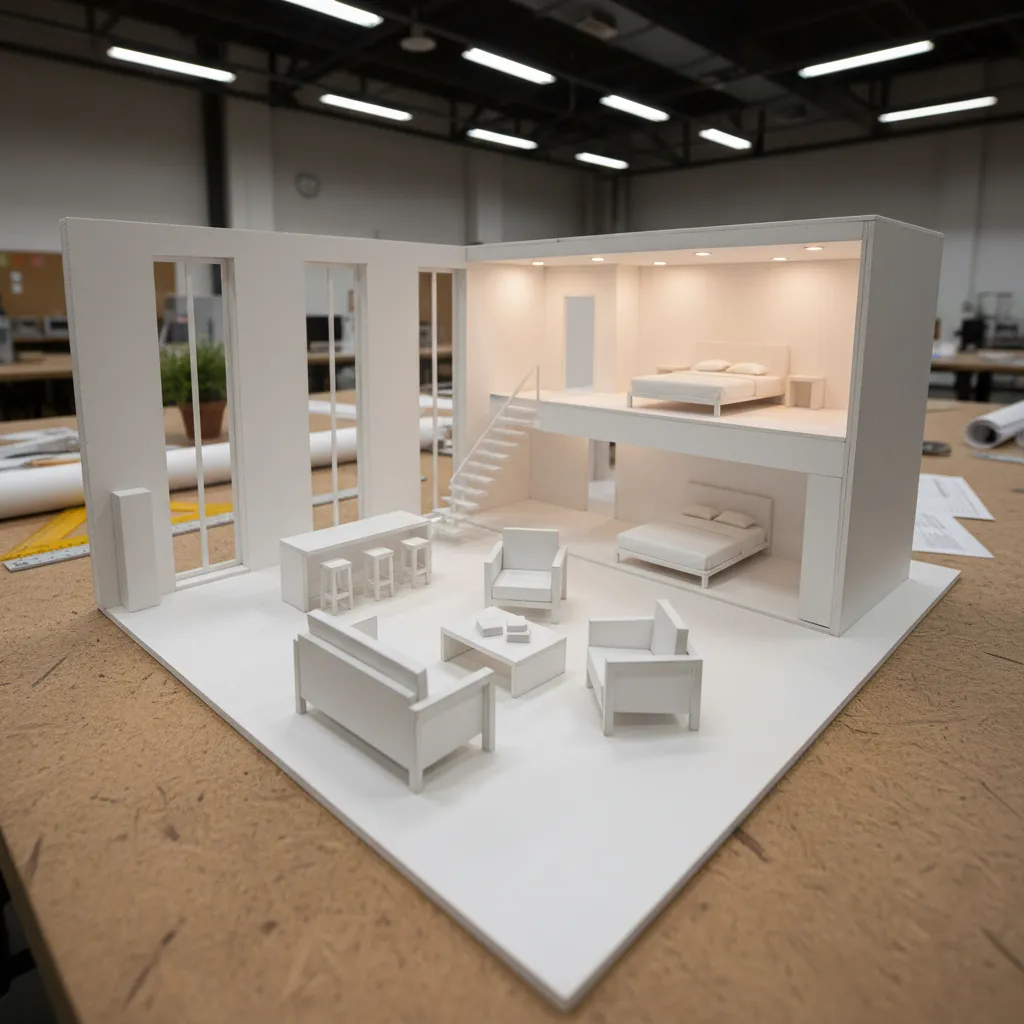 White miniature room model showing living room with sofa and two bedroom levels with beds