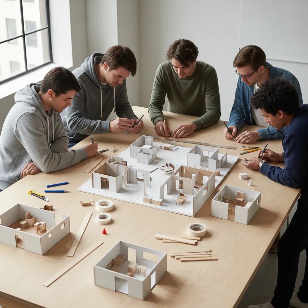 Five men working together on a physical interior design model at a large wooden table