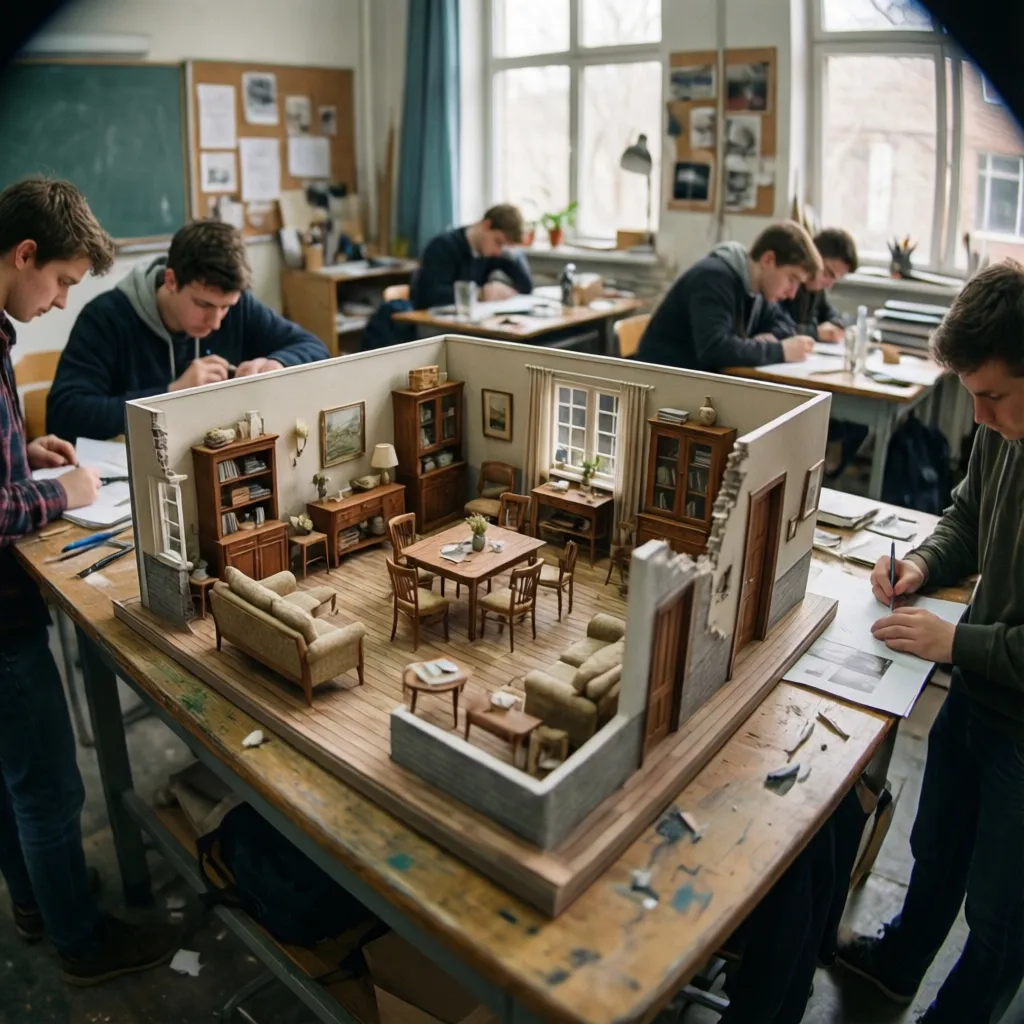 Miniature room model with sofa and dining table on desk in a student design classroom