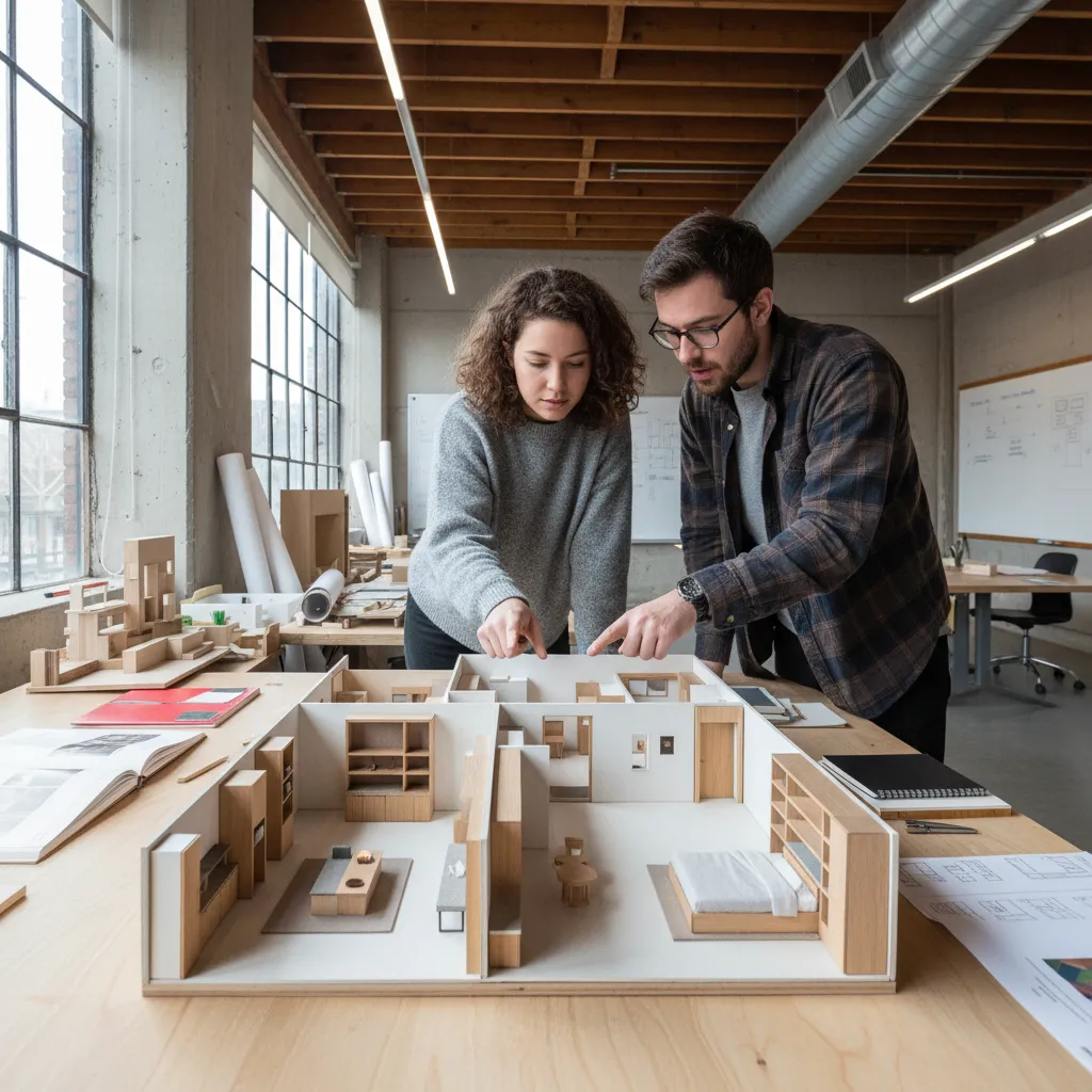 Two designers pointing at a miniature house model with tiny furniture on a wooden desk