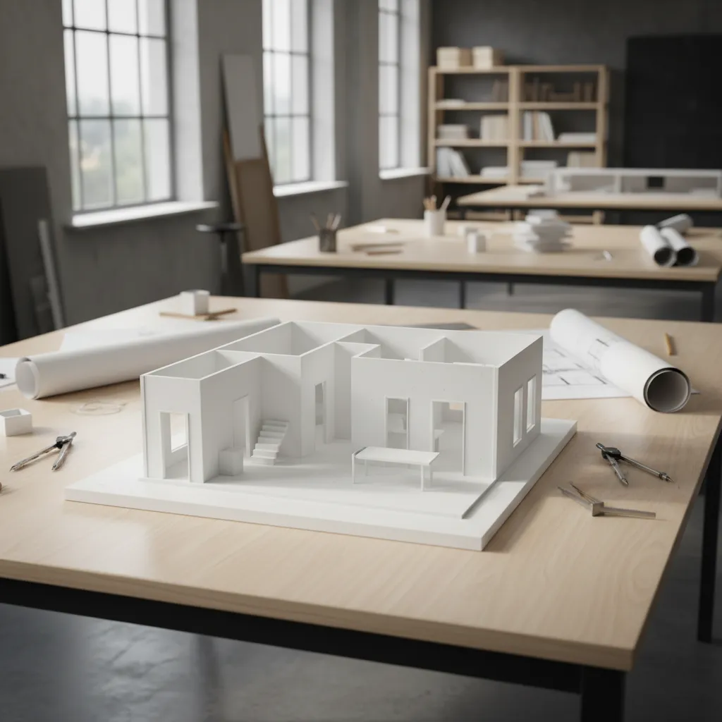 Maqueta arquitectónica de un interior sobre una mesa de trabajo