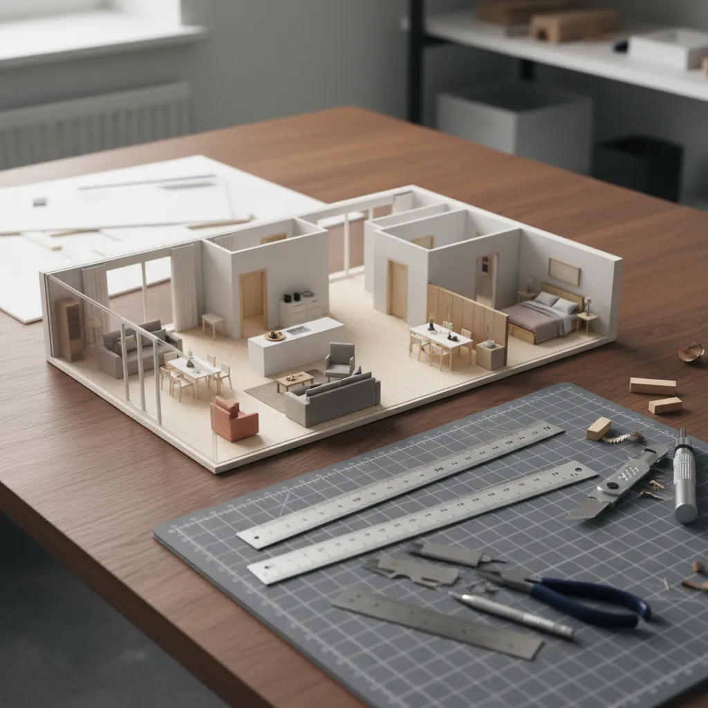 Small physical model of a home layout on a table with a ruler and tools