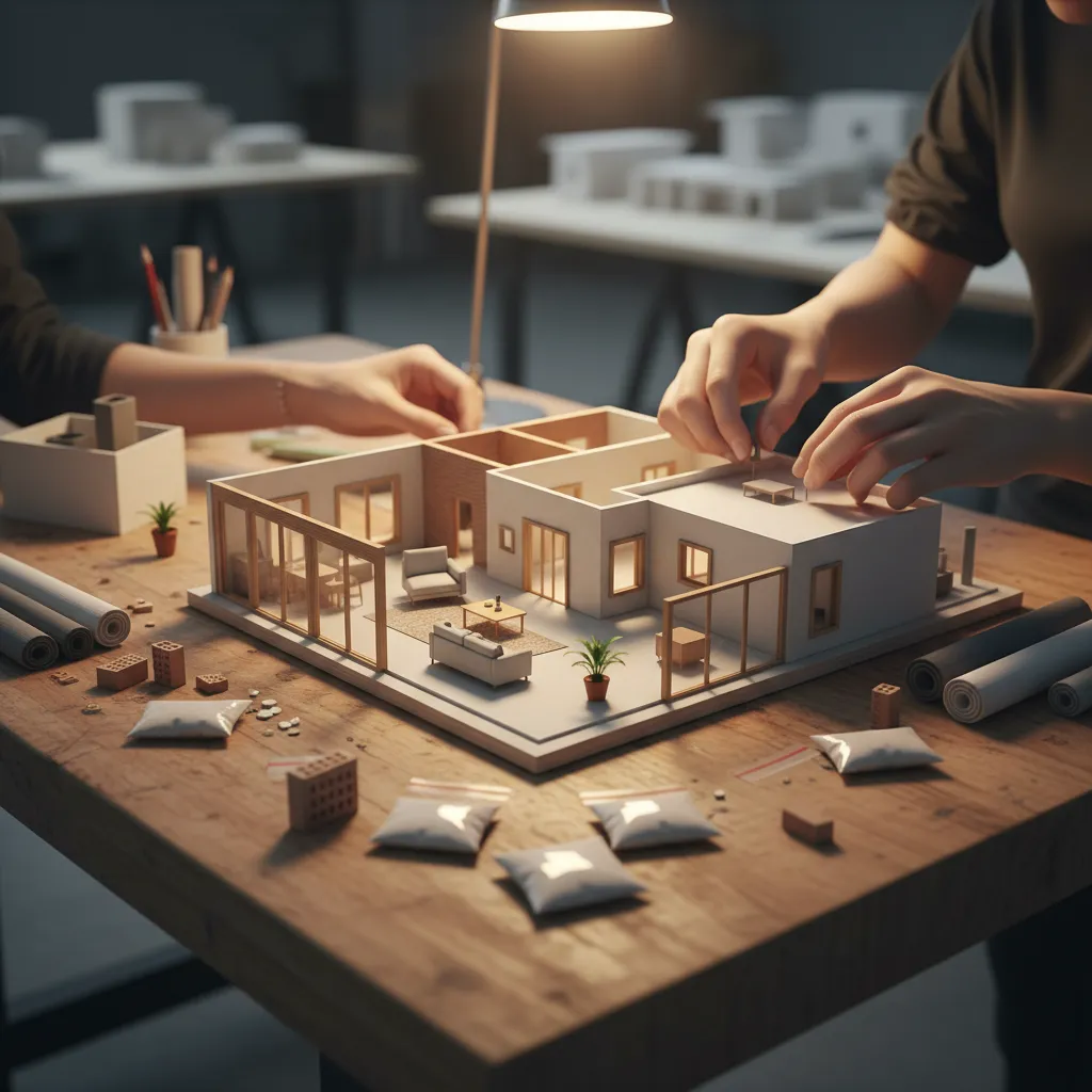 Maqueta arquitectónica de un proyecto interior sobre una mesa de trabajo