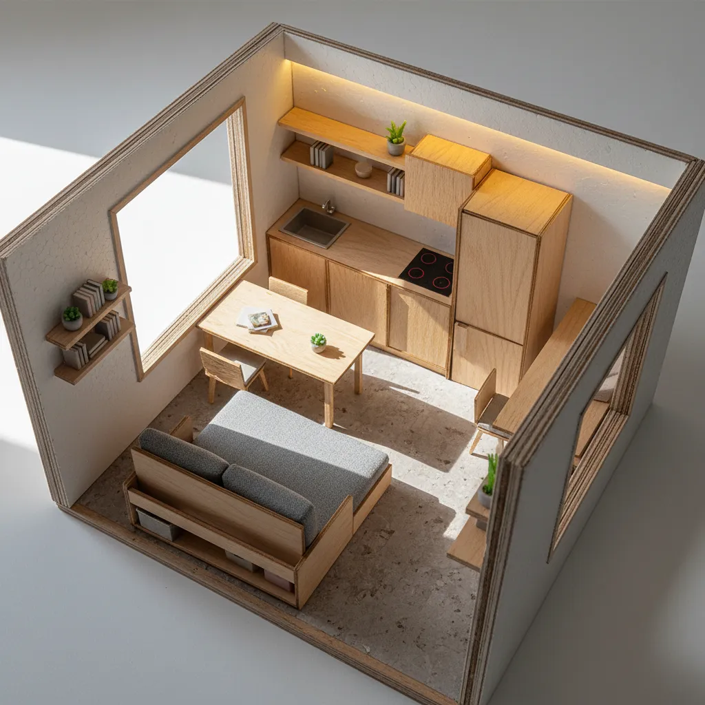 Micro apartment layout model with wood kitchen cabinets grey sofa and a small dining table