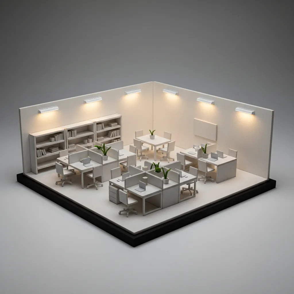 Interior design drawing showing small office layout with white desks chairs wall lights and shelves