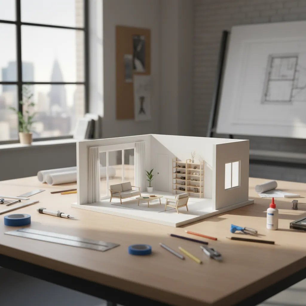 Maqueta física de un proyecto de interiorismo sobre una mesa de estudio