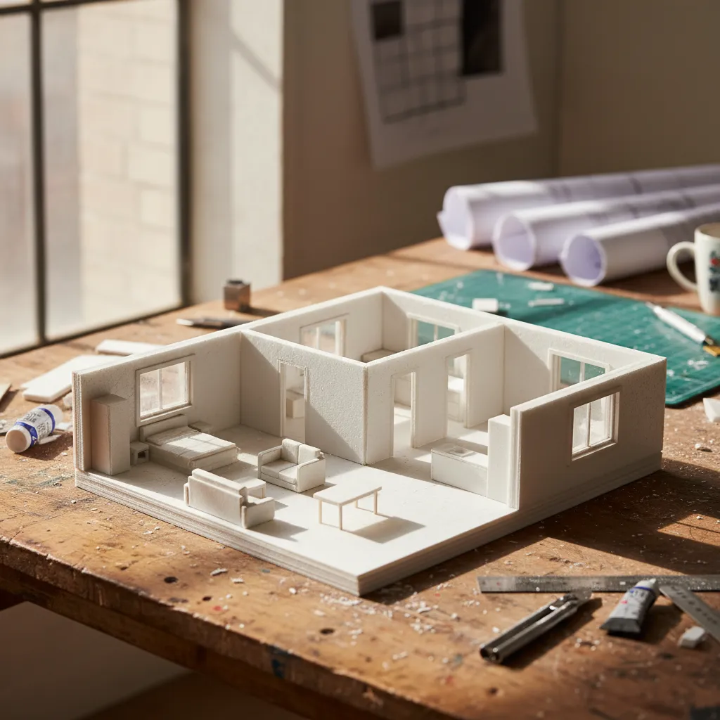 White 3D house model on a wooden workbench showing bedroom and living room with furniture