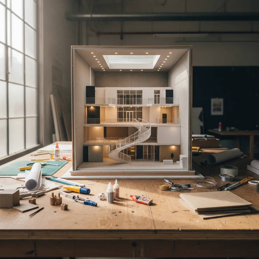 Maqueta arquitectónica de un proyecto interior sobre mesa de trabajo