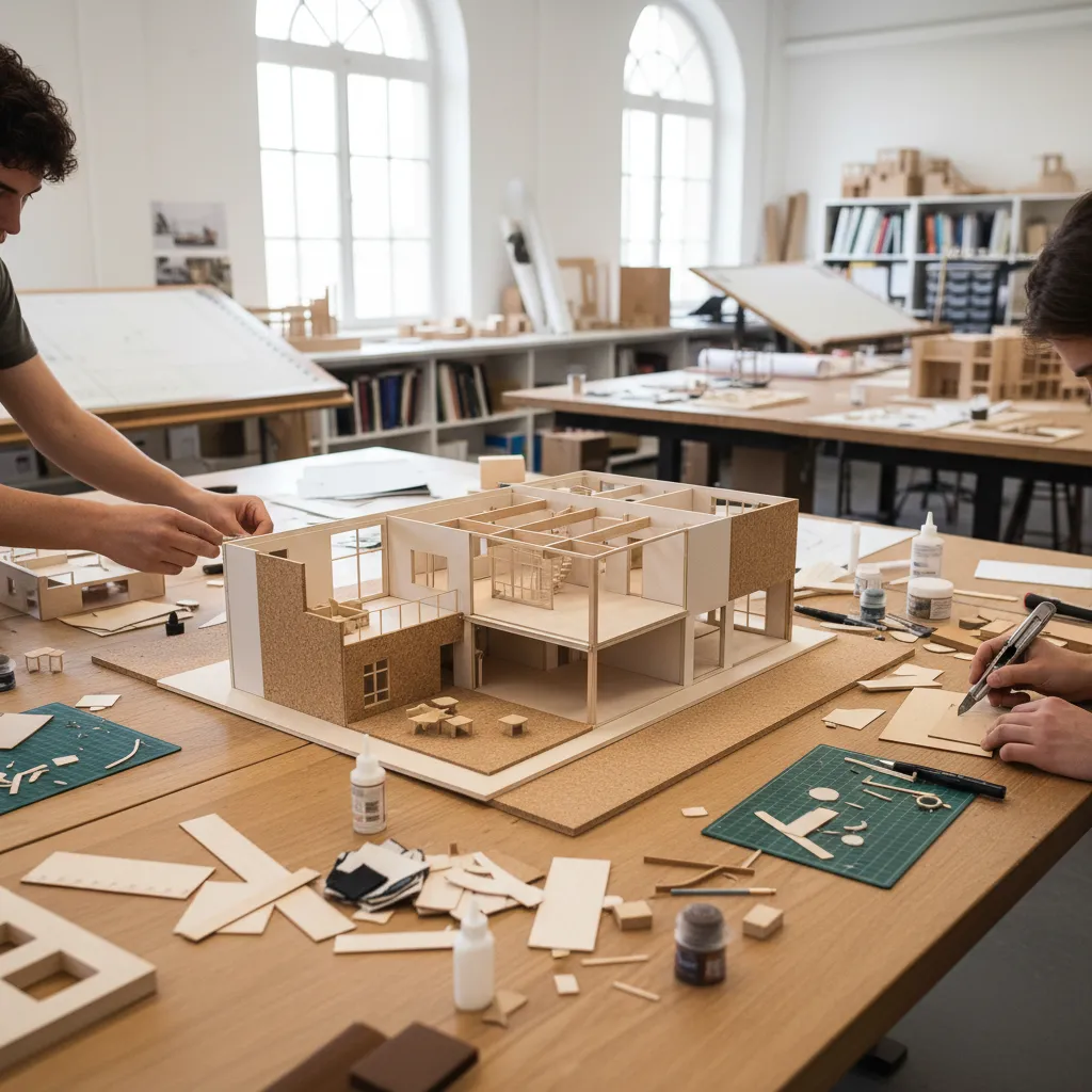 Maqueta física de un proyecto de interiorismo sobre mesa de trabajo
