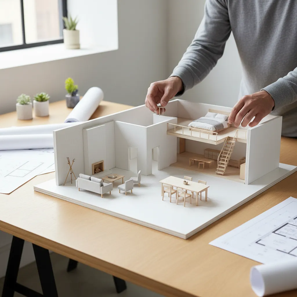 Maqueta arquitectónica de un diseño interior sobre mesa de trabajo
