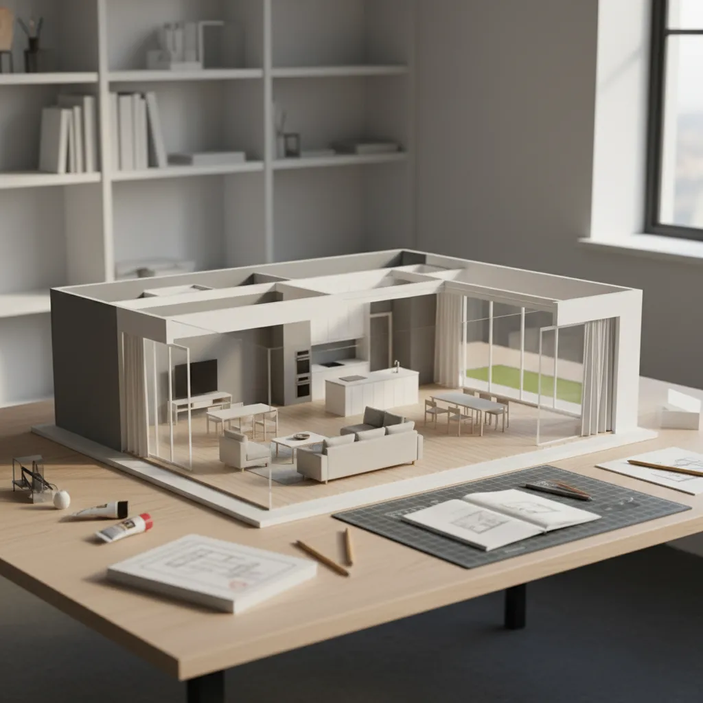 Small 3D house model on wooden desk showing living room layout with sketches and tools