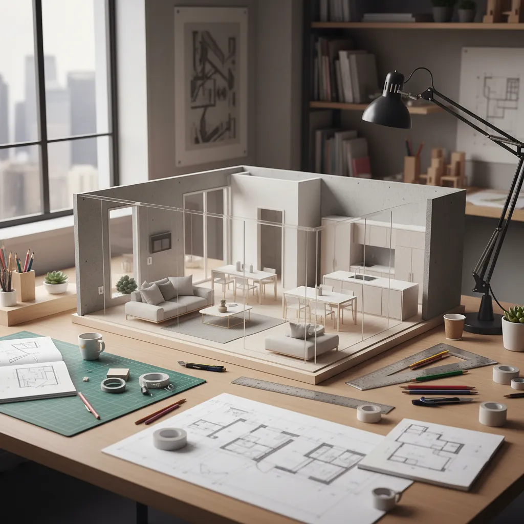 Maqueta arquitectónica de un interior residencial sobre mesa de estudio