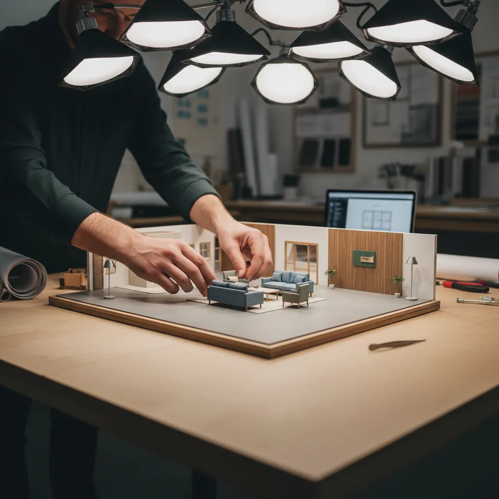 Maqueta física de un proyecto de interiorismo sobre una mesa de trabajo