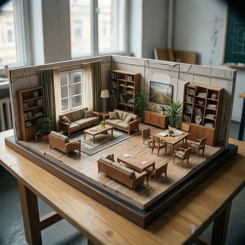 Small scale living room model with tiny wooden furniture bookshelves and dining table on desk