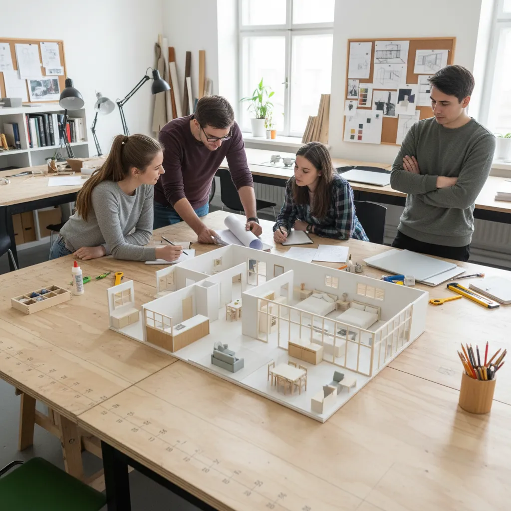 Maqueta de un proyecto de diseño de interiores sobre mesa de trabajo