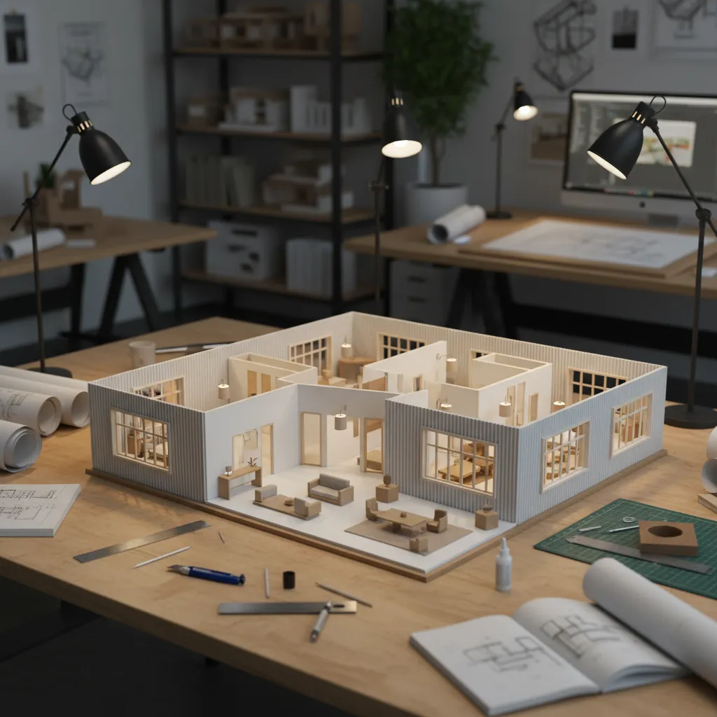Maqueta física de un proyecto de interiorismo sobre una mesa de trabajo