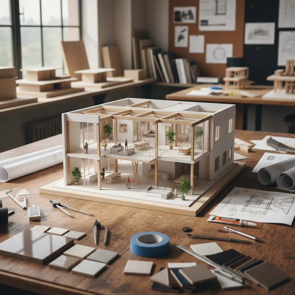 Maqueta de proyecto de interiorismo sobre mesa de trabajo