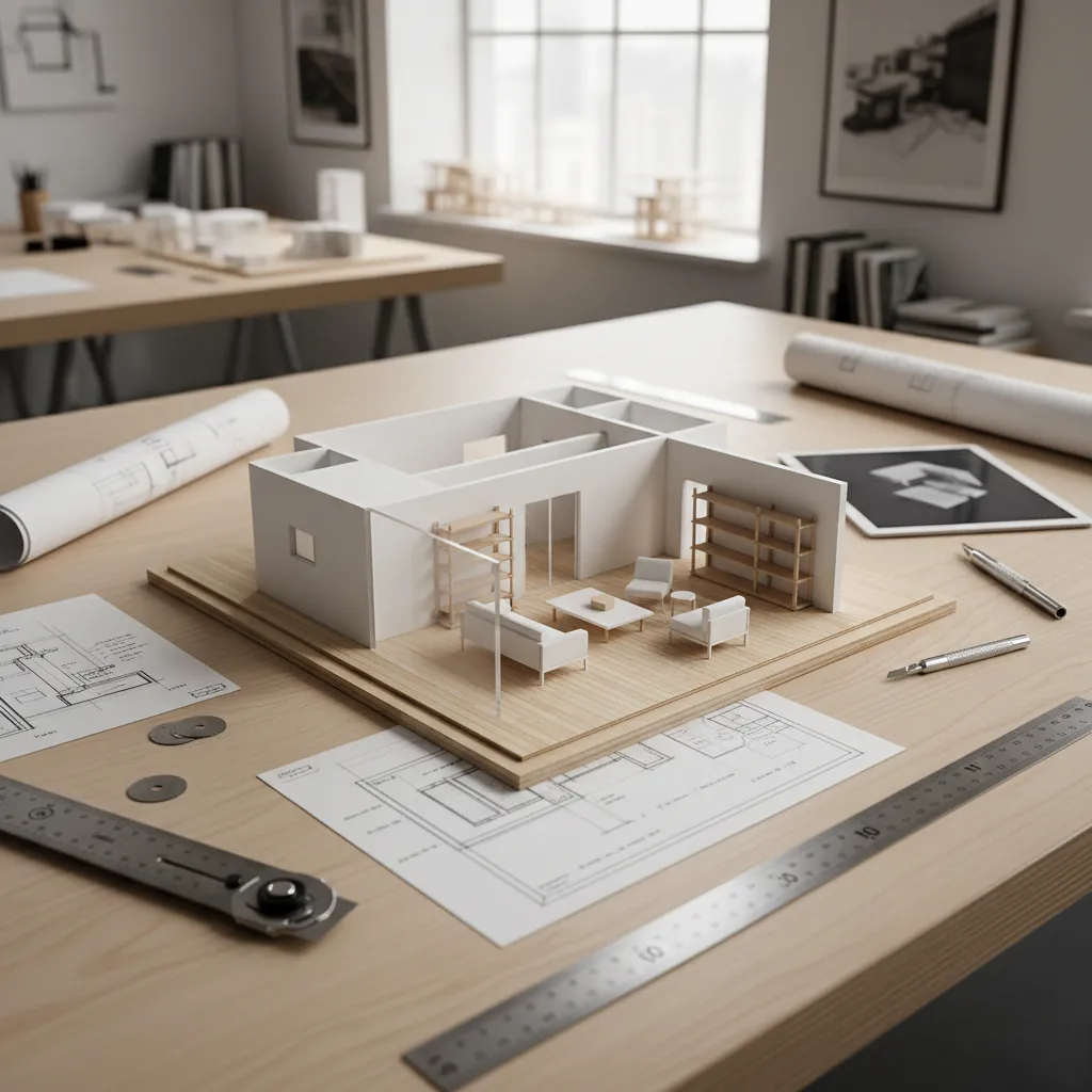 Small scale room model on a wooden table with interior design drawing and measuring tools