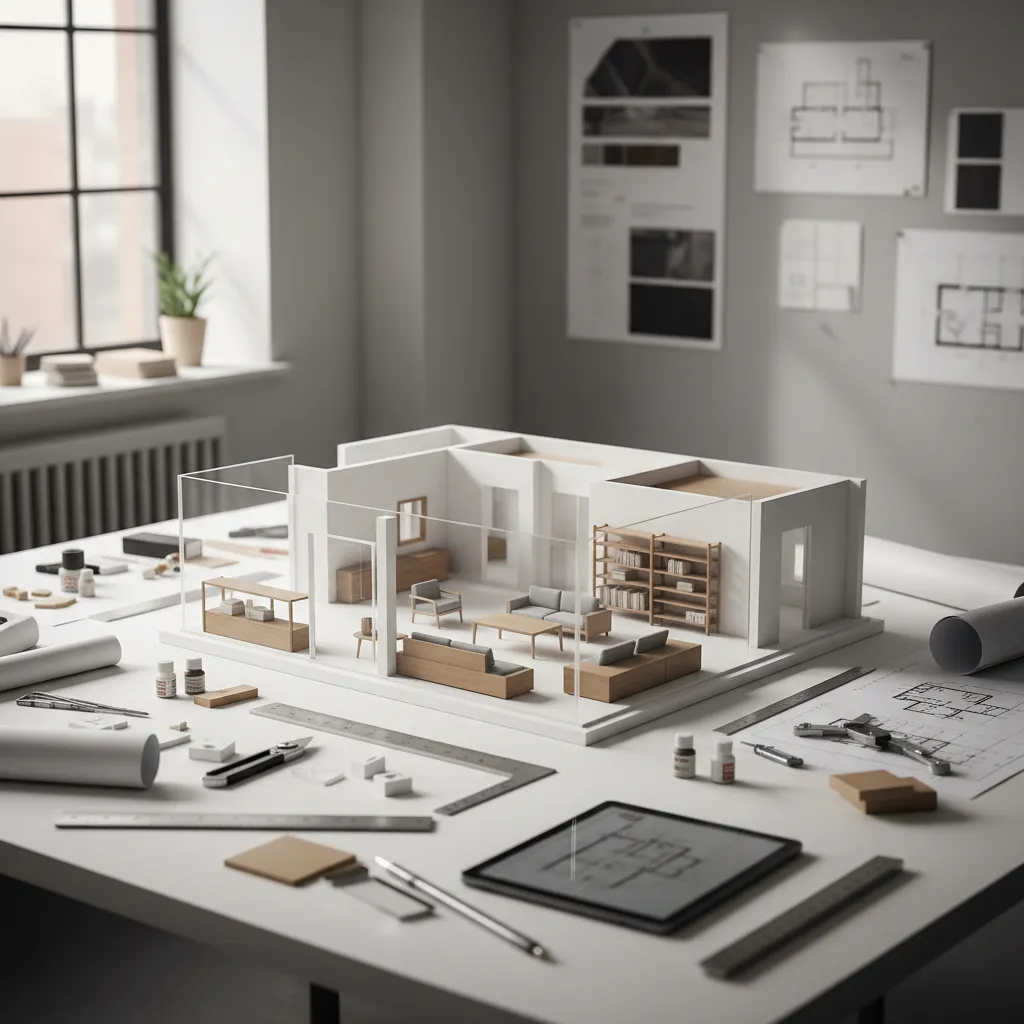Maqueta arquitectónica de un espacio interior sobre mesa de trabajo