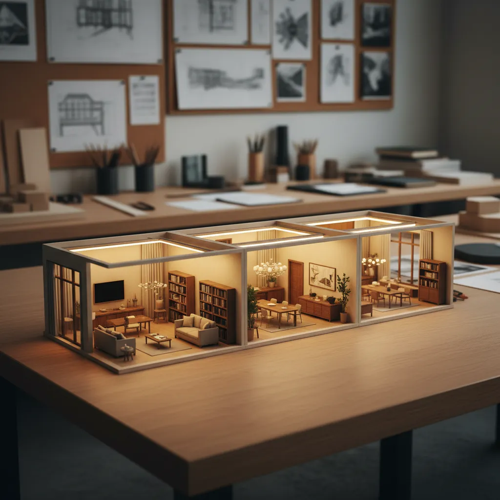 Miniature interior design model of three rooms with sofa dining table and bookshelf on desk