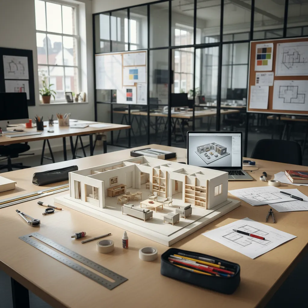 Maqueta física de un proyecto de interiorismo sobre una mesa de estudio