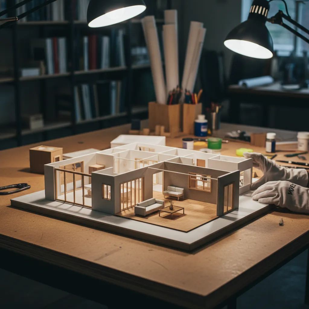 Maqueta física de un proyecto de interiorismo sobre una mesa de trabajo