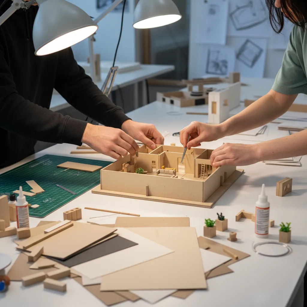 Two people building a physical house model on white desk with glue and small tools