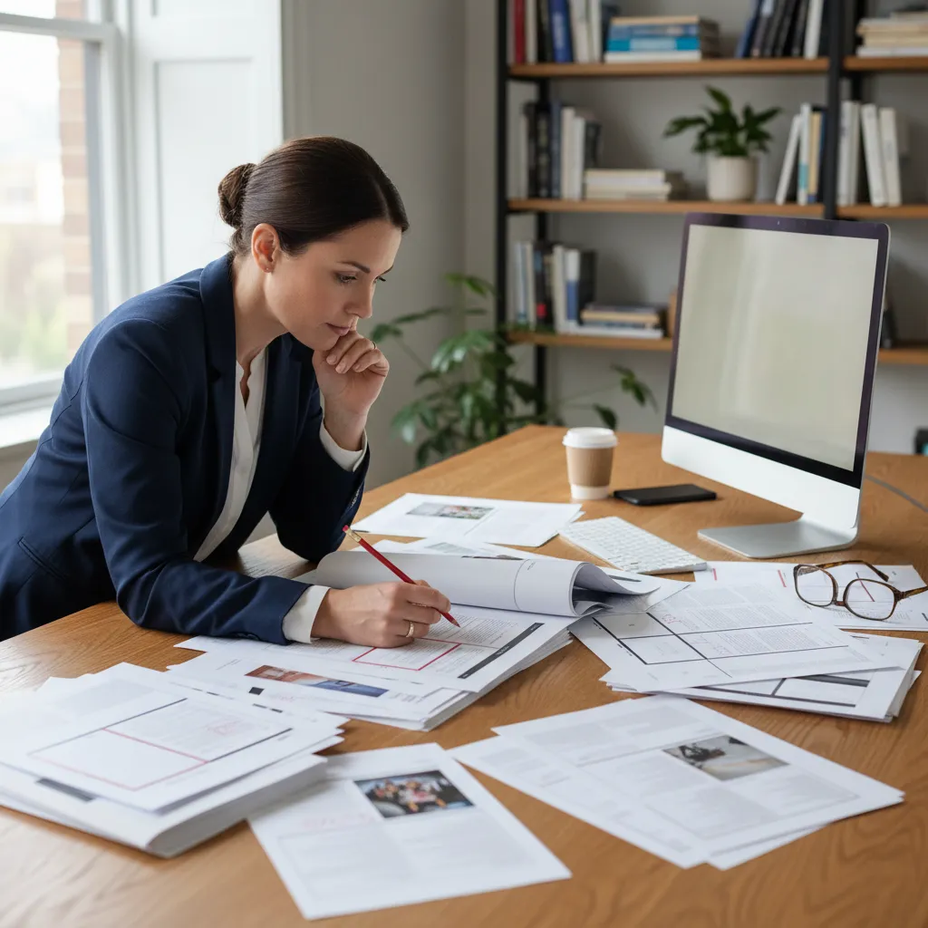 Mesa de trabajo con pruebas de páginas impresas para revisión editorial