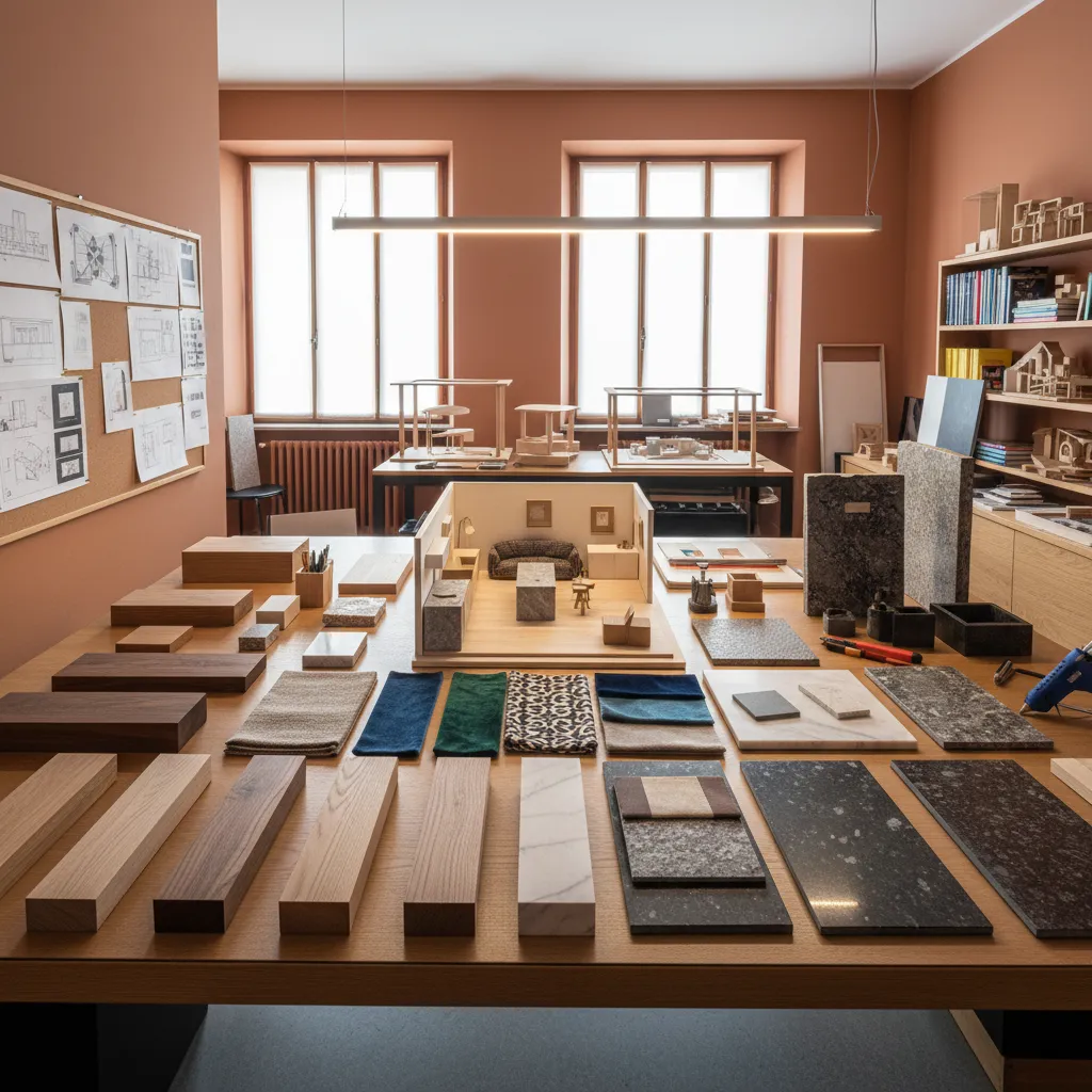 Maquetas arquitectónicas y muestras de materiales en una mesa de diseño