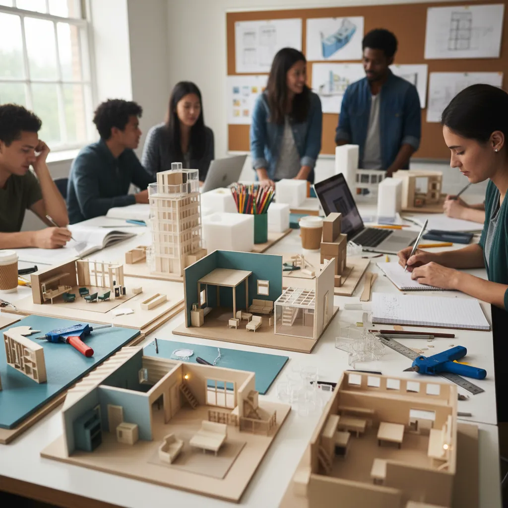 Mesa con maquetas de arquitectura e interiorismo hechas por estudiantes