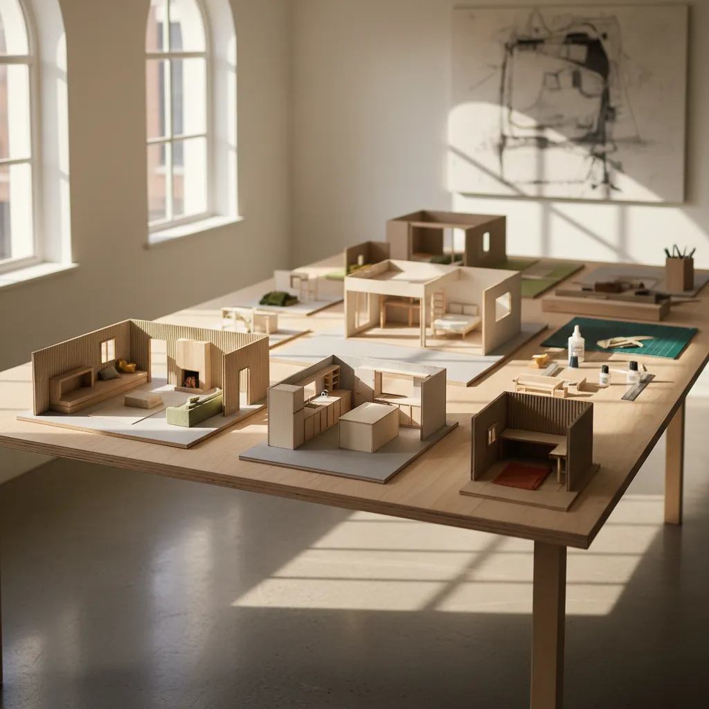 Multiple small interior design models on a large wooden table with craft tools natural light