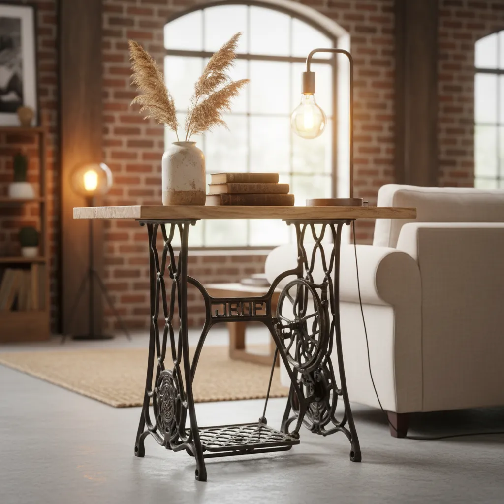 Máquina de coser antigua convertida en mesa decorativa