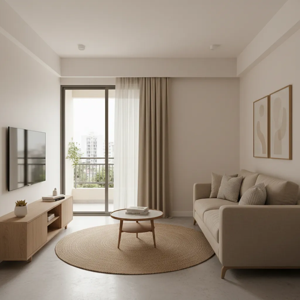 Bright living room in a 2 BHK flat in Marathahalli Bangalore
