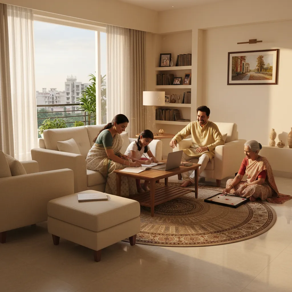 Marathi family daily life in living room guided by homemaker