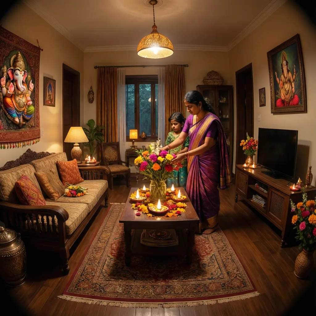 Marathi homemaker organizing festival decorations at home