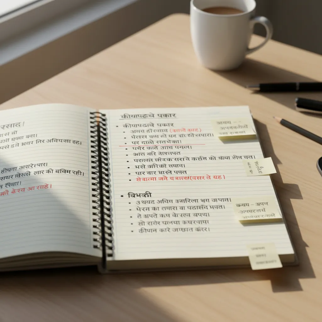 Notebook page showing Marathi grammar patterns including grihini sentence structure