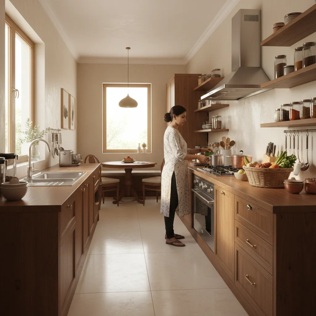 Marathi homemaker organizing kitchen and home tasks in a bright Indian household